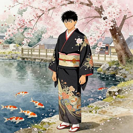 Tanooki in Kimono by Koi Pond