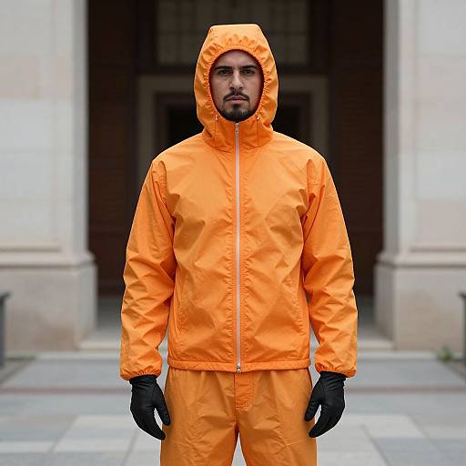 Photograph of a man with a beard wearing an orange hooded jacket and matching pants, black gloves, standing in front of a building entrance.