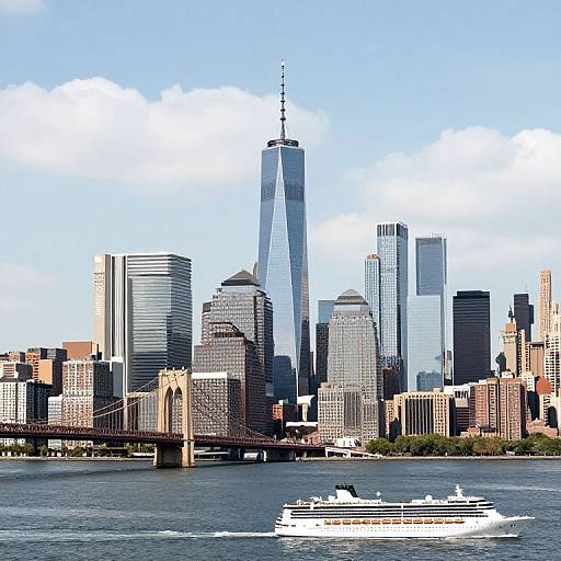 Photograph of New York City skyline with One World Trade Center towering above, a white ferry passing in front, and blue sky.