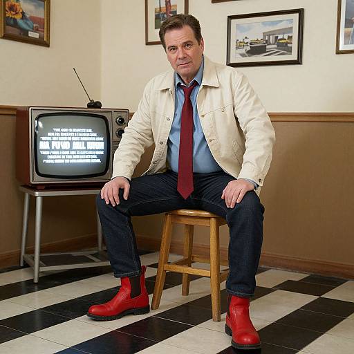 Photograph of a middle-aged man with short brown hair, in a cream jacket, red tie, blue shirt, and red boots, sitting on a