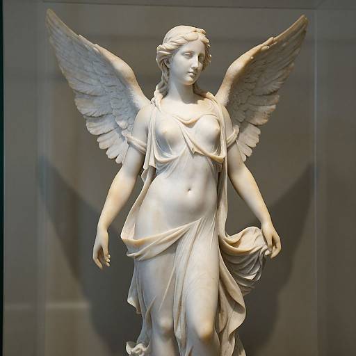 Photograph of a silver-toned marble angel statue with detailed wings, draped in a flowing cloth, standing with a calm expression.