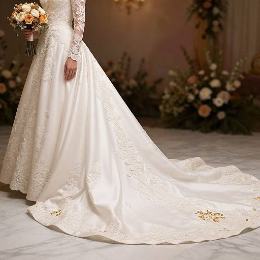 Photograph of a bride in a white lace and satin wedding gown with a long train, holding a bouquet of flowers, standing on a marble floor with