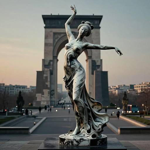 Ink-Style Japanese Dancer Statue with Arc de Triomphe in Paris