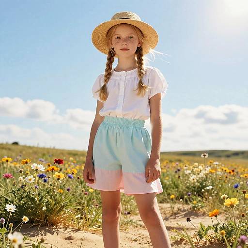 Photograph of a young girl with braided hair, wearing a straw hat, white blouse, and pastel blue and pink shorts, standing in a