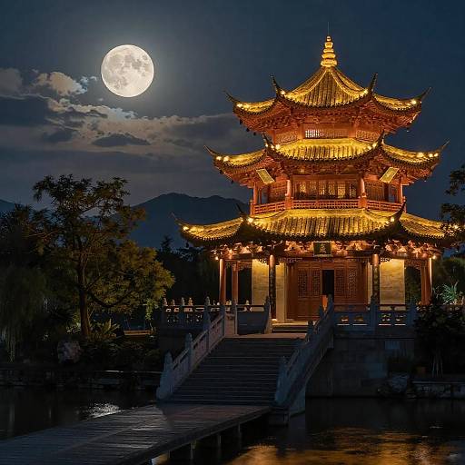 Moonlit Chinese Bridge and Mountain Temple