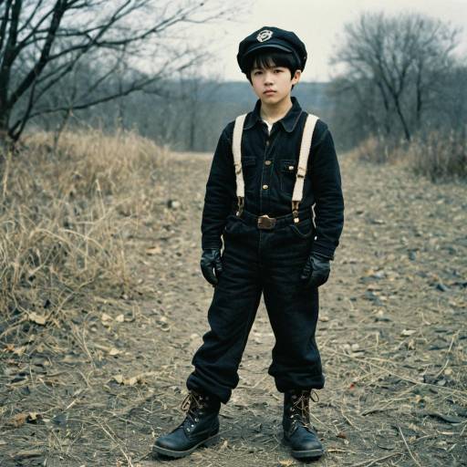 Boy in Vintage Black Outfit Outdoors