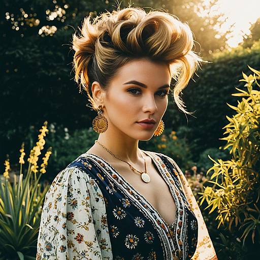 Woman with Layered Quiff Hairstyle in Bohemian Dress
