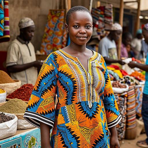 Photograph of a smiling African woman in a vibrant, colorful, geometric-patterned traditional dress, standing in a bustling market with spices and textiles in the