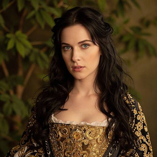 Photograph of a pale-skinned woman with long, wavy black hair, green eyes, wearing an ornate gold and black Renaissance-style dress,