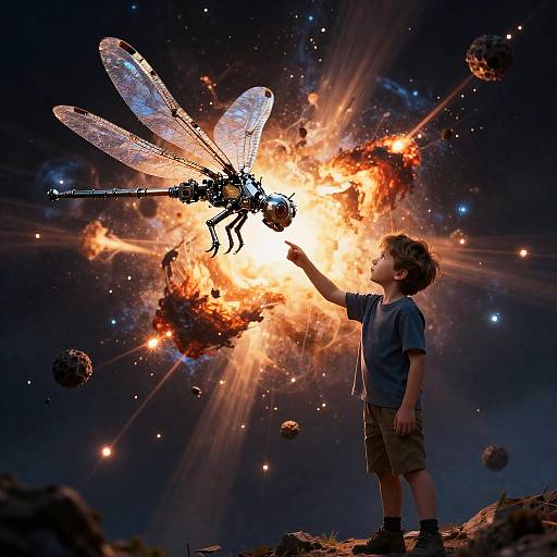 Young Boy with Cosmic Mechanical Dragonfly