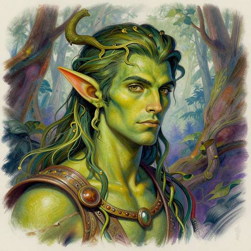 Digital fantasy portrait of a green-skinned elf with long hair, pointed ears, and horns, wearing a leather armor with gemstones, set in a