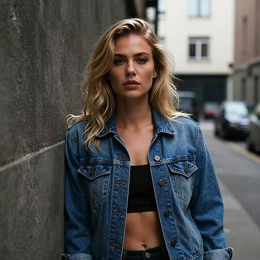 Photograph of a blonde woman with wavy hair, wearing a denim jacket over a black crop top, standing against a gritty urban wall. Blurred