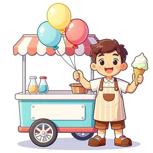 Cartoon boy with brown hair, white shirt, brown shorts, apron, holding ice cream, standing beside colorful balloon stand, smiling.