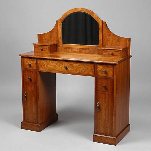 Photograph of a vintage wooden vanity with an arched mirror, six drawers, and two cabinet doors, in a polished finish.