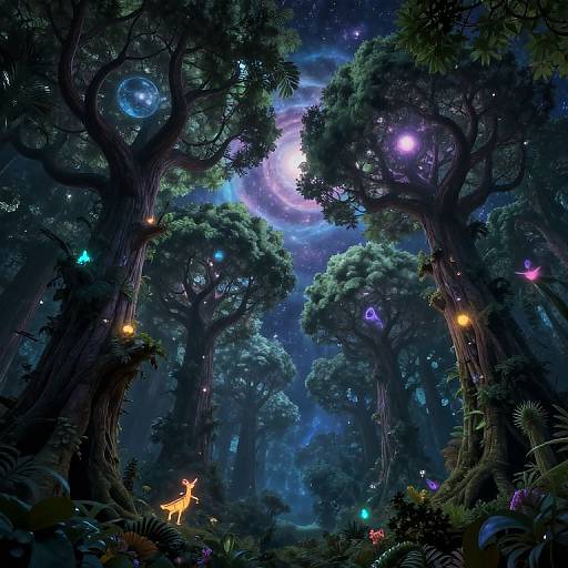 Enchanting digital artwork of a moonlit forest with glowing fireflies, colorful butterflies, and bioluminescent plants, framed by towering trees under