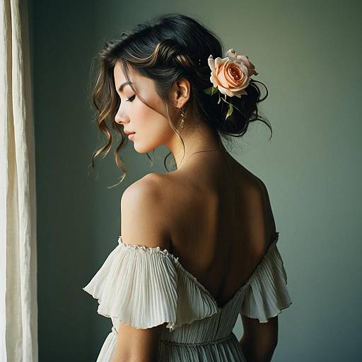 Elegant Woman in Bohemian Dress with Rose Hair Accessory
