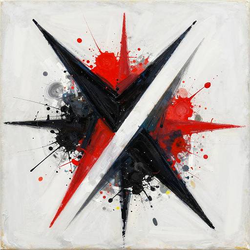Abstract starburst painting with black, red, and white splashes. Black starburst overlaid with diagonal white line, surrounded by red and black spl