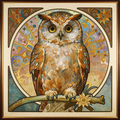 Digital painting of a vibrant, detailed owl with large yellow eyes perched on a branch, surrounded by colorful floral patterns and a circular frame.