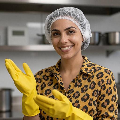 Smiling Woman in Colorful Kitchen Outfit