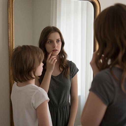 Photograph of a young woman with wavy brown hair, wearing a gray dress, standing in front of a mirror, touching her lip thoughtfully,