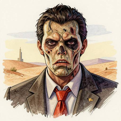Digital illustration of a zombie man with dark hair, pale skin, blood on face, black suit, white shirt, red tie, in a desert background