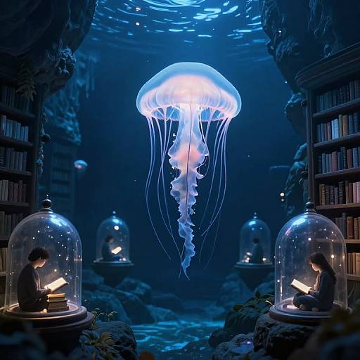 Ethereal Jellyfish in Underwater Library