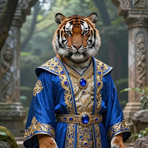 Photorealistic digital artwork of a majestic tiger wearing an ornate blue and gold robe with blue gemstones, standing in a lush, ancient temple forest