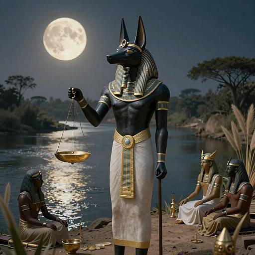 Anubis with Golden Scales on Moonlit Riverbank