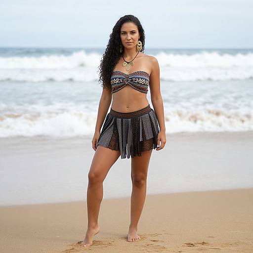 Photograph of a young woman with long, curly black hair, wearing a colorful bandeau top and black fringe skirt, standing on a sandy beach with