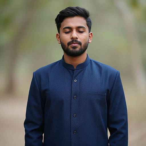 Photograph of a bearded Indian man with dark hair, closed eyes, and a calm expression, wearing a dark blue, textured, long-slee
