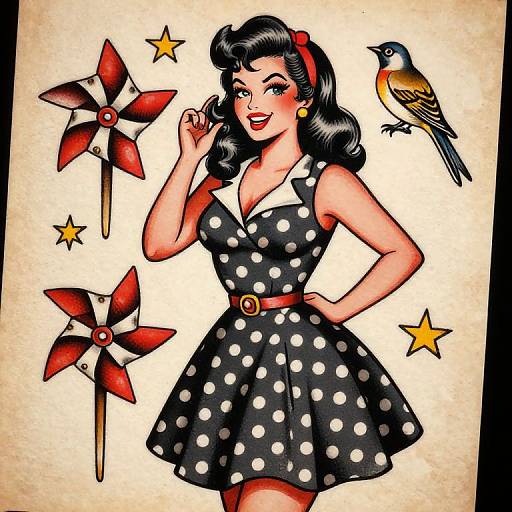 Vintage-style drawing of a curvy woman with black hair, wearing a black polka dot dress, red headband, and red belt, smiling,