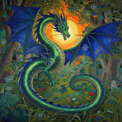 Vibrant digital illustration of a green, blue-winged dragon coiled in a colorful, enchanted forest with a glowing orange sun in the background.