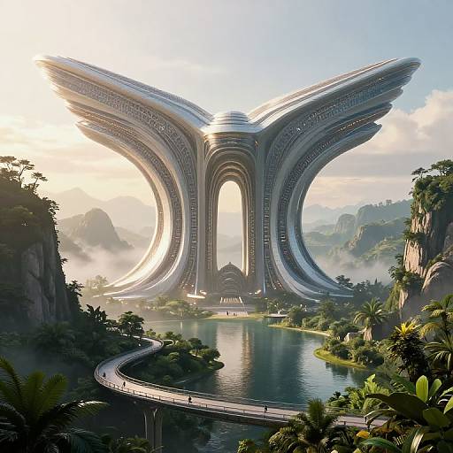Photorealistic digital artwork of a futuristic, winged skyscraper nestled in a lush, mountainous valley, connected by a winding road over a reflective