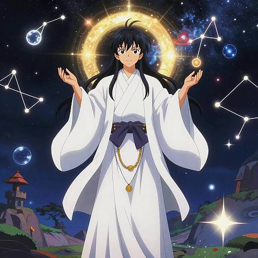 Anime-style digital illustration of a black-haired woman in a white kimono, haloed by a glowing sun, surrounded by celestial symbols and planets in a