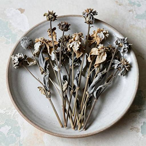 Photograph of a silver plate holding a bunch of dried, brown, wilted flowers with grayish stems, against a textured white background.