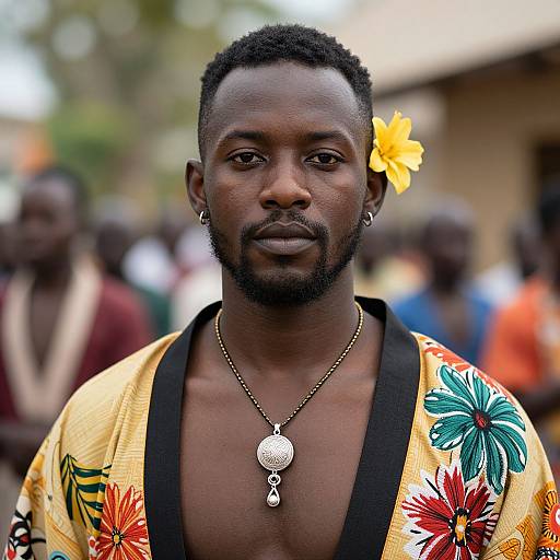 Photograph of a muscular, dark-skinned African man with short hair, beard, yellow flower in hair, wearing a vibrant floral yellow shirt, black