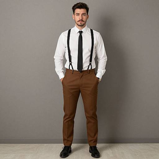 Photograph of a bearded man with dark hair, wearing a white shirt, black tie, brown suspenders, and brown pants, standing against a