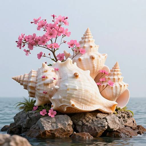Photograph of large, striped seashells with pink cherry blossoms on a rocky island, set against a calm ocean and clear sky.