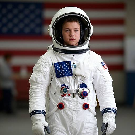 Photograph of a young boy in a white astronaut suit with American flag patch, helmet, and buttons, standing in front of an American flag backdrop.