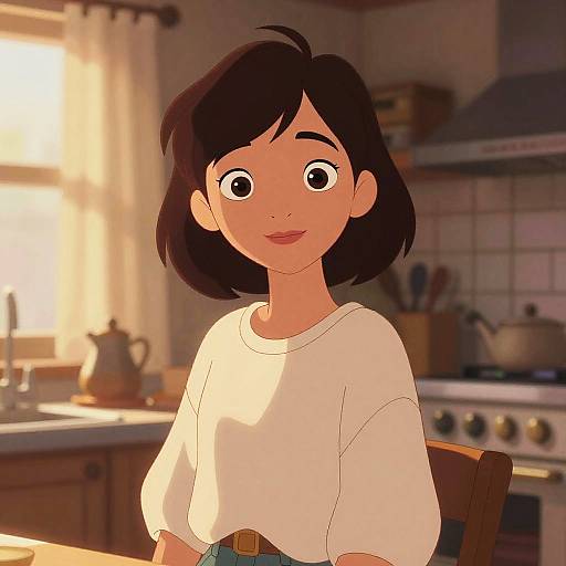 Animated digital illustration of a young girl with short black hair, wearing a white shirt, smiling in a sunlit kitchen.