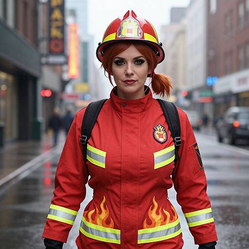 Photograph-like digital art of a red-haired woman in red firefighter uniform with flames on pants, standing on rainy city street.