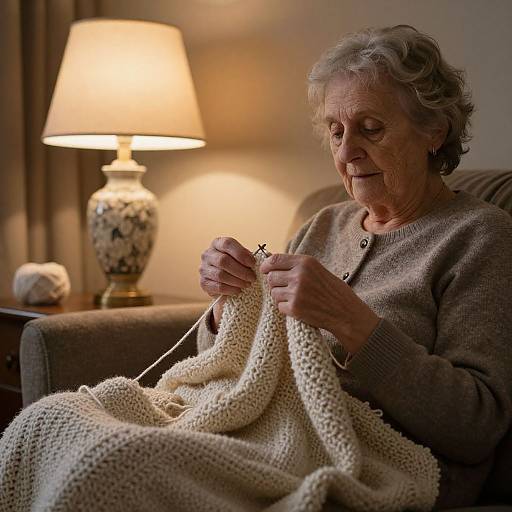 Elderly Woman Knitting Cozy Blanket