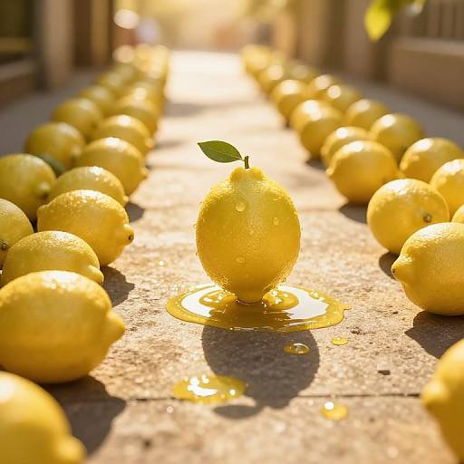 Photograph of a single, wet lemon with a green leaf, centered on a sunlit, stone pathway surrounded by numerous yellow lemons.