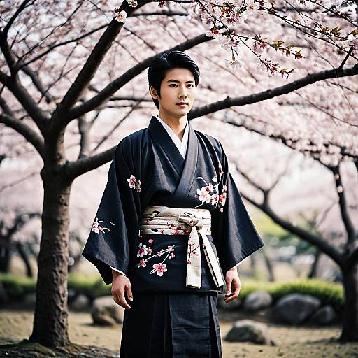 Young Man in Japanese Kimono Under Cherry Blossoms