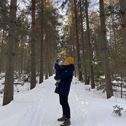 Man Holding Child in Snowy Forest