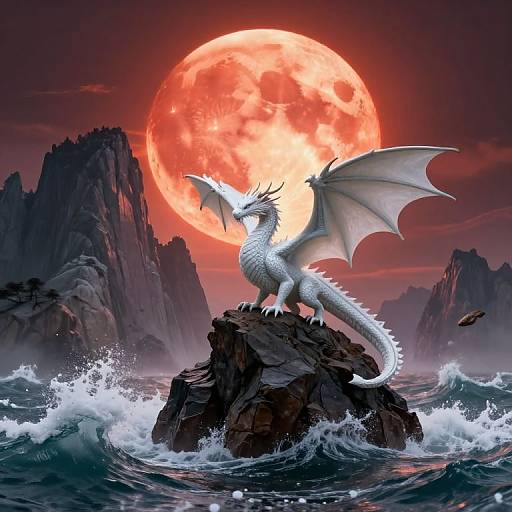 Digital artwork of a silver dragon with large wings standing on a rocky cliff, illuminated by a glowing red moon, with crashing waves and dark mountains in the