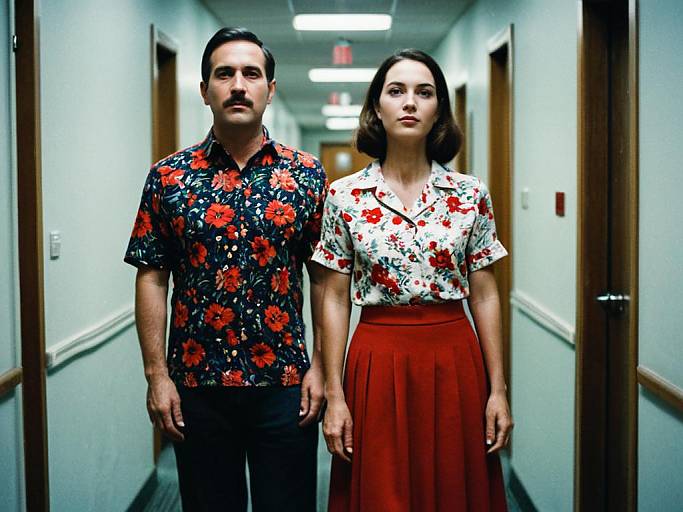 Photograph of a serious-looking man with a mustache in a floral shirt and black pants, standing beside a woman with dark hair in a floral blouse