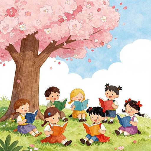 Children Reading Poems Under Blossom Tree