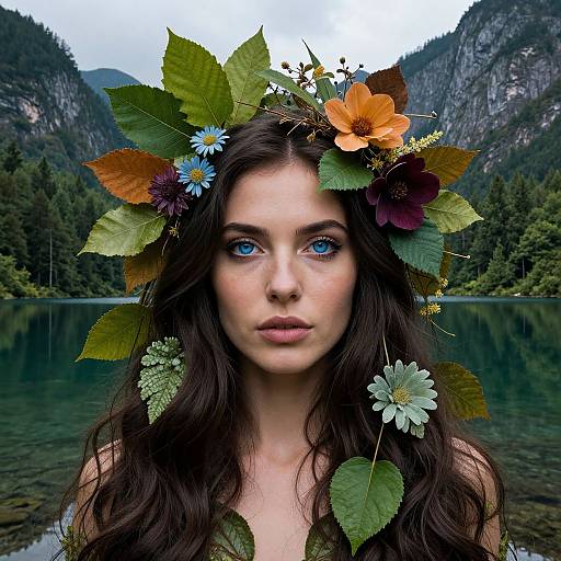 Photograph of a fair-skinned woman with blue eyes, wearing a nature-inspired flower and leaf crown, standing by a serene mountain lake.