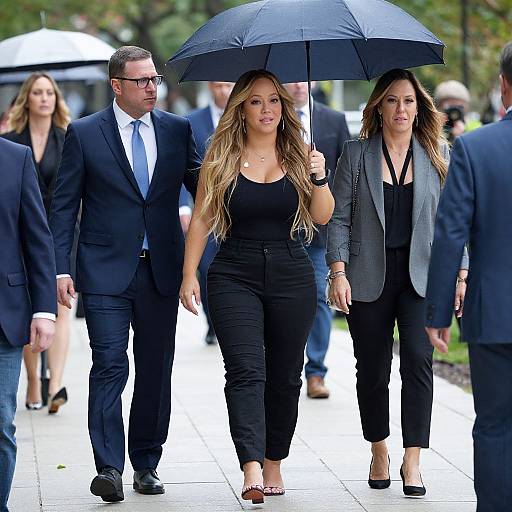 Photograph of three professionals walking on a sidewalk; a blonde woman in a black outfit holds a black umbrella, flanked by a man in a suit